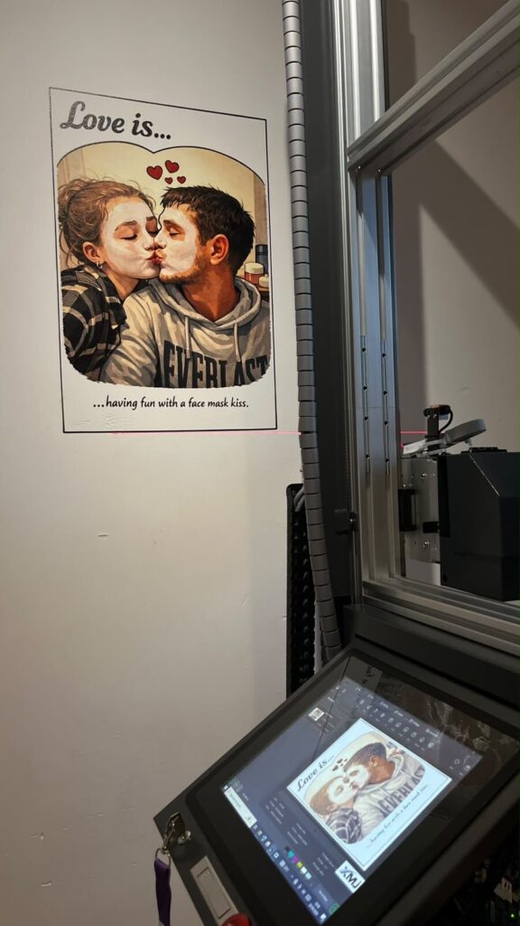 Personalized romantic comic illustration printed directly onto a bedroom wall with a vertical wall printer.
