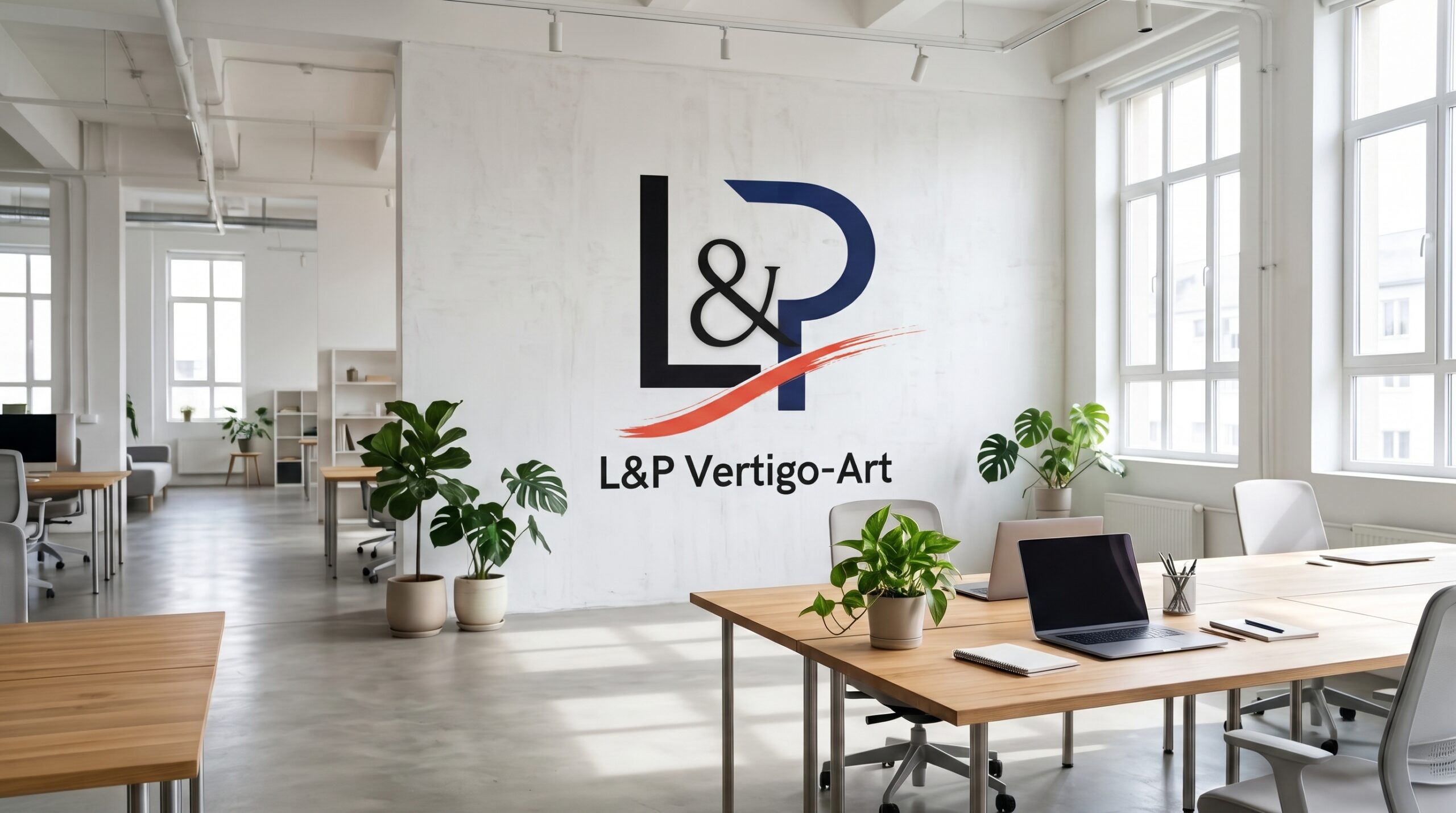 Office wall after UV printing L&P Vertigo-Art logo